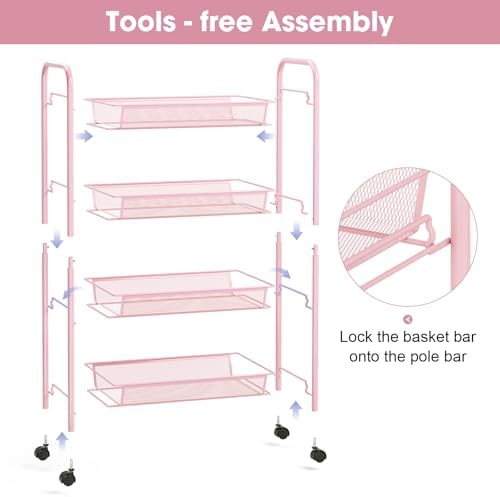 TOOLF 4 Tier Rolling Cart, Metal Utility Storage Cart with Wheels, Pink | 3 Hooks, Screwless Assembly, Trolley Organizer for Bathroom, Kitchen, Office, Nursery, Dorm, Laundry Room