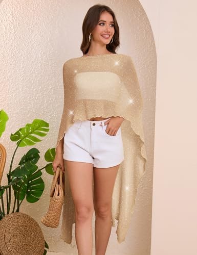 MAKABO Women's Crochet Sheer Poncho Top Lightweight Sparkly Shrug Pullover Knit Bolero Sweater Cover Up Beachwear