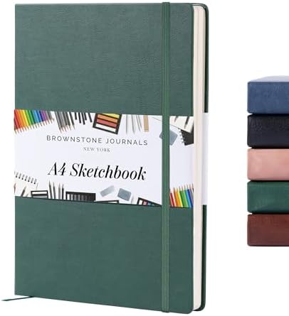 BROWNSTONE JOURNALS A4 Sketch Book Hardcover - 80 Sheets 100 GSM Paper | 8.5" x 11.5", Lay Flat, Vegan Leather Hardcover, Elastic Band, Back Pocket, Art Drawing Book for Adults & Students