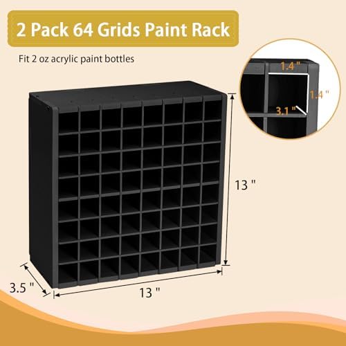 Krafetto 2 Pack 64-Grid Paint Organizer for 2 Oz Bottles, Wall Mount, Black