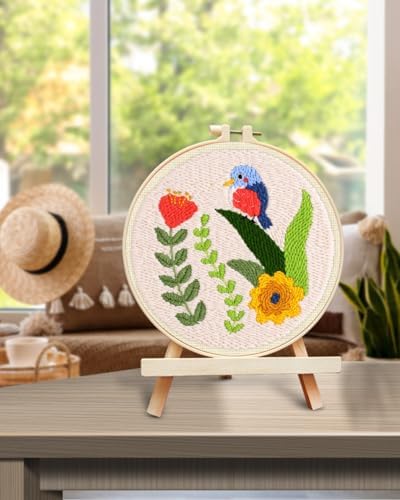 TINDTOP Punch Needle Kits, DIY Punch Embroidery Kits for Adults Beginner, Tool with Punch Needle Fabric, Hoops, Yarns and Sewing Needles (Set C)