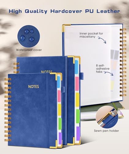 Hardcover Spiral Notebook journal with Removable Dividers Tabs, 300 Pages Leather 5 Subject Notebook College Ruled, 100GMS A5 Notebooks for Work School Note taking,Lined Journal for Women,A5 Navy