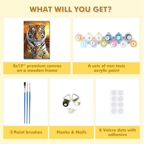 Bowetile Framed Paint by Numbers Tiger for Adults Beginners, Adults' Paint-by-Number Tiger Kits, Easy Adult Paint by Number Kits on Canvas, Acrylic Animals Number Painting for Home Decor, 8x12in