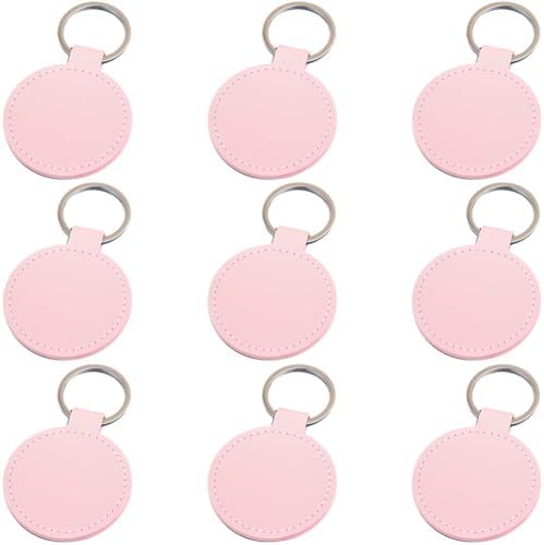 10PCS Round PU Leather Keychain Blanks Pink Double Side Leather Keychain Kits with Key Rings Sublimation Key Fob Holder Heat Transfer Keyring Bulk for DIY Craft Present Making Birthday Gift