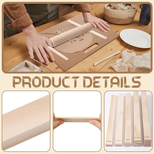 Newtay 12 Pcs Pottery Tools Include 1 Wood Rolling Pin Sculpting Polymer Clay Tools 1 Portable Wedging Board for Pottery with Built in Handle and 10 Pcs 5 Size Pottery Teaching Rolling Mud Stick Guide