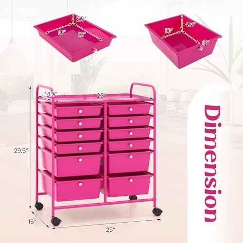 LDAILY 12 Drawer Rolling Storage Cart, Craft Cart Organizer on Wheels w/Metal Frame, Large Capacity & Smooth Drawer, Rolling Cart w/Drawers for Classroom, Office