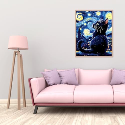 AALBLAC Black Cat Paint by Numbers Kit for Adults Beginners, Cat Adult Paint by Number Kits on Canvas, DIY Acrylic Starry Night Oil Painting for Home Wall Decor 16x20 Inch