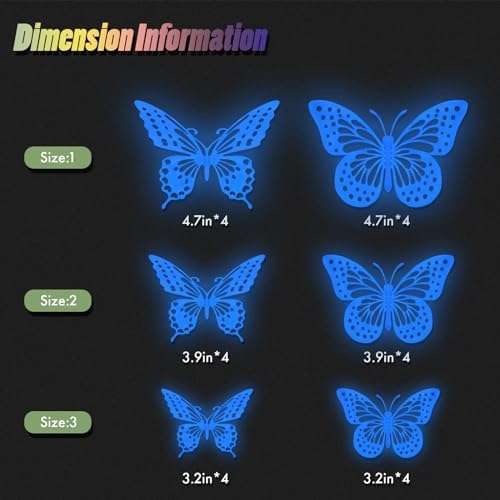 SAOROPEB Glow in The Dark 3D Butterfly 24 Pcs Blue Butterfly Stickers | 3 Sizes, Luminous for Ceiling or Wall, Glow in The Dark Party Supplies, Removable Luminous Stickers for Kids Babys Nursery