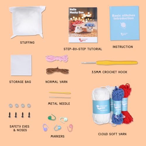 Crochet Kit for Beginners: 2 PCS Red & Blue Mushroom Starter Crochet Kits with Step-by-Step Video Tutorials and Yarns, Hook, Accessories, DIY Craft Gift for Adults and Teen(30%+ Yarn)