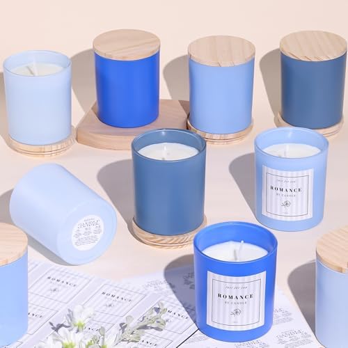 12Pcs Assorted Blue Candle Jars for Making Candles, 10oz Empty Jars with Bamboo Lids and Labels, Glass Candle Jars for Candle Making Supplies, Candle Containers for DIY Gifts