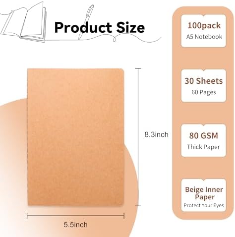 100 Pack Blank Kraft Notebooks, 8.3x5.5 Inches A5 Small Journals Bulk Blank Notebooks 80 Gsm Unlined with 60 Pages A5 Subject Notebooks Traveler Journal Set for Adult Students Back to School Supplies