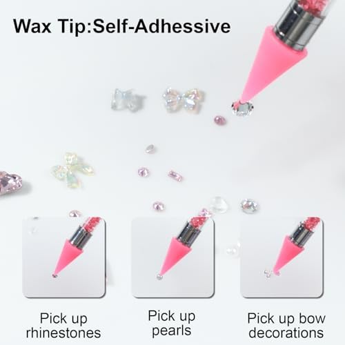 Rhinestone Picker Tool,2 Wax Pencil for Rhinestones, Dual-Ended Rhinestone Applicator Wax Pen Gem Picker Tool with 6 Extra Wax Tips and 2 Tweezers (Pink+White)