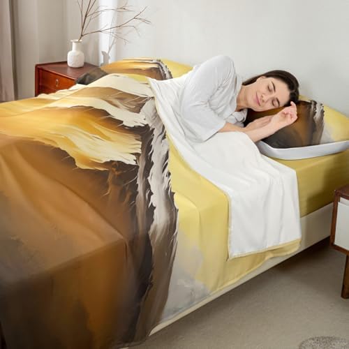 3D Golden Mountain Sheet Set Natural Landscape Scenery Bedding Set Natural Mountain Scenery Bed Sheets Teens Room Decor Golden Black (Full Flat & Fitted Sheet with 2 Pillow Case)