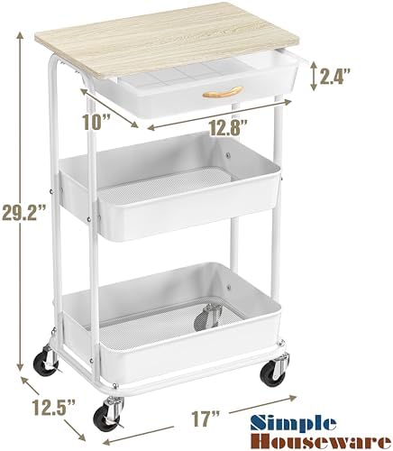 Simple Houseware 3-Tier Rolling Utility Cart with Drawer & Wood Top, Maple