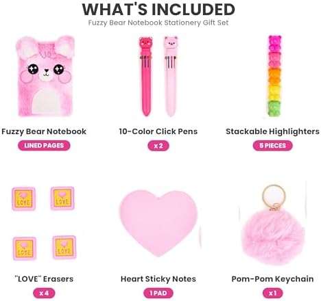 VOTUM Fuzzy Bear Stationery Gift Set for Kids – Plush Notebook, Stackable Highlighters, Click Pens, Sticky Notes & Erasers – Cute Pink Writing Supplies Case