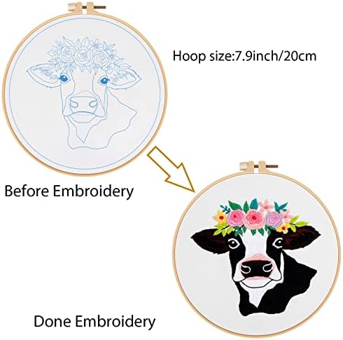 Louise Maelys Cow Beginners Embroidery Kits,Cross Stitch Starter kit for Adults with Embroidery Cloth Hoop Needles Instruction and Threads