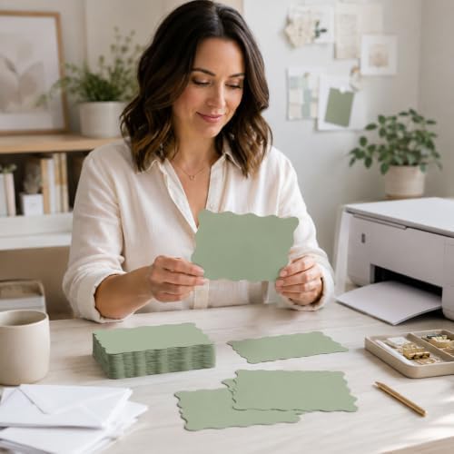 FYSUIMU 100Pcs Sage Green Scalloped Cardstocks 5" x 7" Fresh Green Rectangle Blank Cards with Wavy Edge Thick Card Stock Paper for Invitations DIY Crafts Wedding Baby Shower Supplies