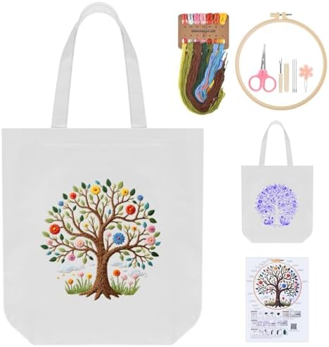 ERKOON Embroidery Canvas Tote Bag for Beginners, Needlepoint Arts Crafts Cross Stitch Kits for Adults Including Stamped Embroidery Bag with Hoops, Needle, Instruction and Color Threads (Tree)