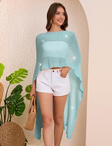 MAKABO Women's Crochet Sheer Poncho Top Lightweight Sparkly Shrug Pullover Knit Bolero Sweater Cover Up Beachwear