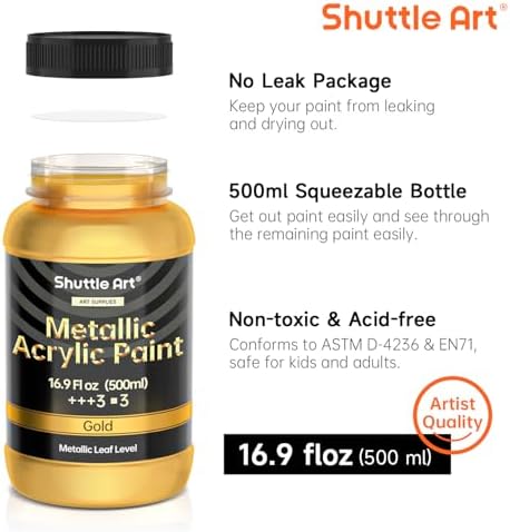 Shuttle Art Metallic Gold Acrylic Paint, 16.9 oz(500 ml) Large Gold Leaf Paint With Brush, Non Toxic, Non Fading Gold Paint for Crafts, Metal, Wood, Clay, Ceramic, Canvas, Furniture