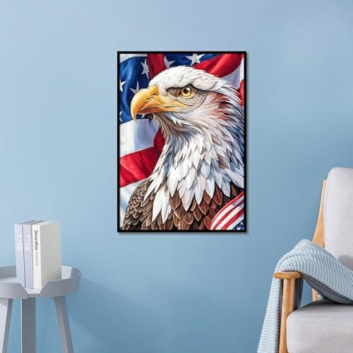 4th of July Diamond Painting Kit for Adults, Patriotic Independence Day Decor with American Flag and bald eagle, 5D Full Drill Round Diamond Art Kit, DIY Crystal Rhinestone Embroidery Painting