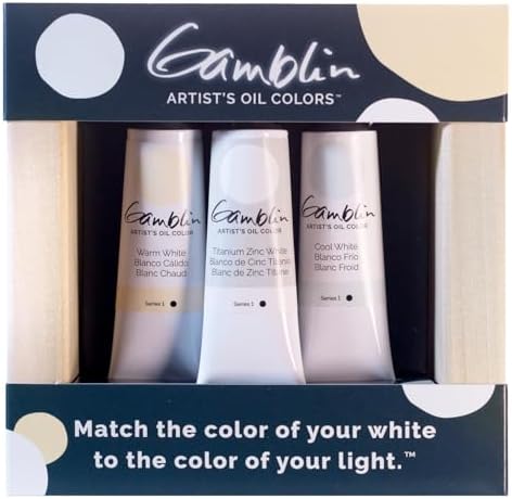 Gamblin Artist Grade Oil, Set of 37ml tubes in Warm, Titanium-Zinc, and Cool White, in a pre-primed wood panel (101104)