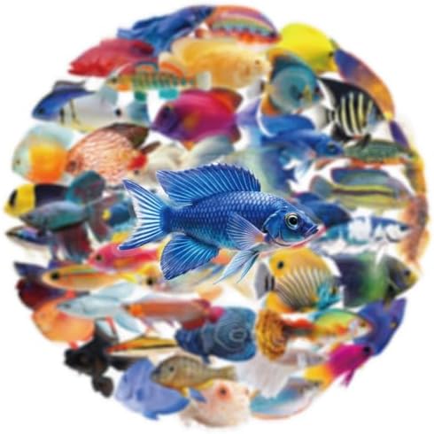 50 Pcs PET Transparent Fish Stickers, Waterproof Vinyl Colorful Tropical Fish Decals for Laptop Skateboard Luggage, Vivid Aquatic Creature Stickers Gift for Kids Teens Adults（Fish