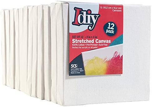 iDIY Stretched Canvas Board 4 x 4 (Set of 12) 5/8" - Classic White Blank, Pre Primed for Oils or Acrylics, 100% Cotton, Acid Free - Professional Grade for Painting or Art Project, Craft, Mixed Media