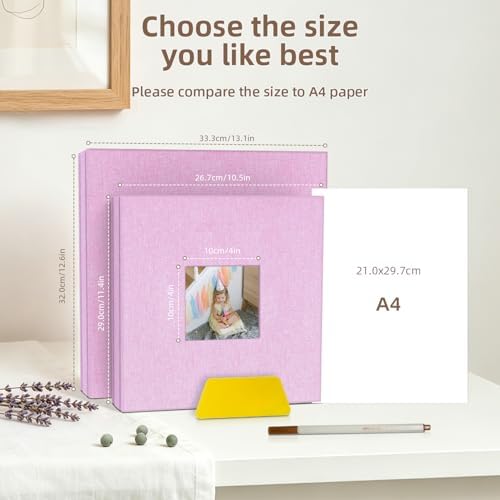 Popotop Photo Album Self Adhesive with Picture Display Window,60 Pages DIY Scrapbooking Supplies Kit for 4x6 10x12 Picture,Linen Cover Memory Book for Baby Wedding, with Scraper and Metallic Pen