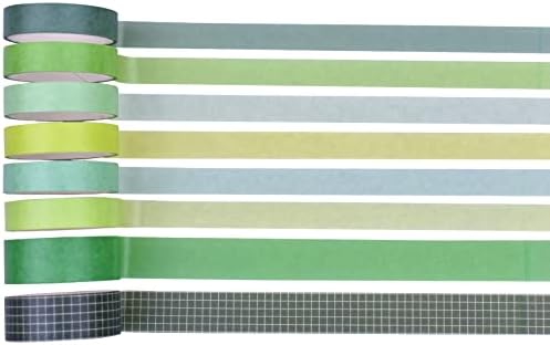 8 Rolls Washi Tape Set Basic Solid Color Green Plaid Grid Adhesive Decoration Label Masking Tapes for DIY Journaling Scrapbook Planners Art Craft Album Scrapbooking Collage Water Bottles