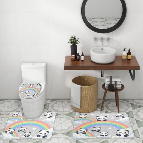 Funny Kawaii Baby Animal Panda Shower Curtain Sets 4 Piece,Watercolor Colorful Rainbow Clouds Bathroom Decor Sets with Rugs,Cartoon Panda Bears Waterproof Toilet Lid Cover Bath Mat