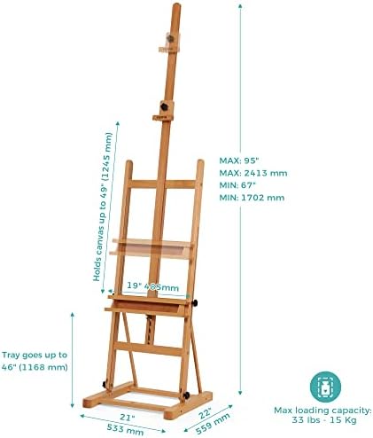 VISWIN Medium H-Frame Easel 67"-95" H, Hold Canvas up to 49", Adjustable Beech Wood Artist Easel Stand for Painting with Storage Tray, Art Floor Easel for Adults, Beginners, Students - Natural
