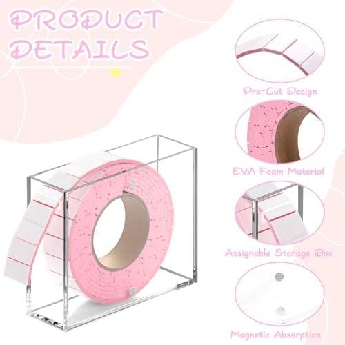 Double Sided Foam Tape Pre Cut 3/4 X 1/2 Inch EVA Foam Adhesive Squares Roll with Acrylic Storage Box 3D Foam Squares for Crafts Arts Sewing DIY Office Supplies (Tape+Box, Pink)