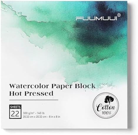 Fuumuui Watercolor Paper Block 8x8 Inch, Smooth Surface 100% Cotton Watercolor Paper, 22 Sheets, 140lb/300gsm, Hot Press, Acid-Free, Art Paper for Painting & Drawing, Wet, Mixed Media