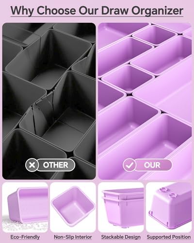 KEMETHY 25 PCS Plastic Drawer Organizers Set, 4 Sizes Vanity Organizer, Makeup and Desk Drawer Organizer Trays, Organization and Storage for Makeup, Bathroom, Kitchen Utensils and Office (Purple)