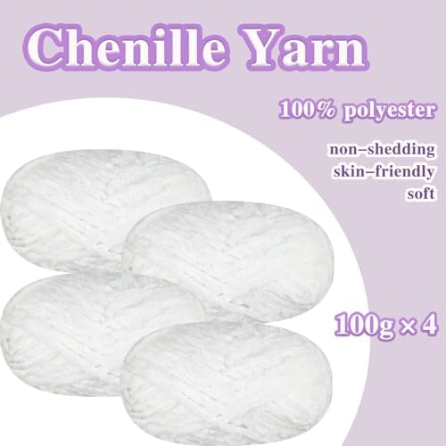 4 PCS 400g Soft Chenille Velvet Yarn for Crocheting,Fluffy Warm Yarn for Knitting and Crochet DIY Craft Blanket Bag Hat Scarve Clothe Gloves Slippers Doll（White）