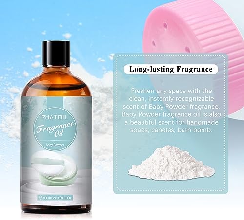 PHATOIL Baby Powder Fragrance Oil for Diffuser Aromatherapy 3.38FL.OZ | Long Lasting Scented Oils For Humidifier, Air Freshener, DIY Soap Candle, Scent Project Making, Aroma Oil for Home Freshening