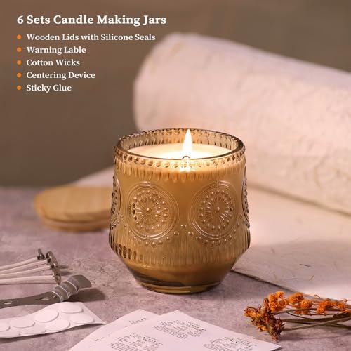 LAMORGIFT 6 Pack Amber Candle Jars for Making Candles- Large 13.5oz Glass Jars with Wooden Lids and Labels, Empty Candle Jars, Candle Containers Vessels for Candle Making Supplies