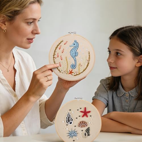 Beach Embroidery Kits for Beginners Adults, Coastal Hand Embroidery Set Needlepoint Kits, Stamped Cross Stitch Kits for Beginners Adults, 2 Embroidery Hoops, Fabric, Thread (Attached Video Tutorial)