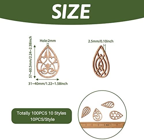 Elecrelive 100pcs Wood Earring Blanks Filigree Teardrop Pendants Unfinished Wooden Cutout Craft Wood Pieces for DIY Jewelry Making Hanging Ornaments