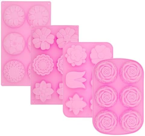 4 Pcs Flower Soap Molds Rose Silicone Molds Cake Molds Floral Chocolate Mold Set for Home Handmade DIY Candle Baking Tray Bars Wax Melts Tool