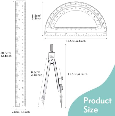 3 Pcs Clear Protractor and Compasses Set, Plastic Clear Ruler 12 Inch | Professional Geometry Set, 6 Inch Protractor ,Durable Transparent Drawing Measuring Rulers for School Office