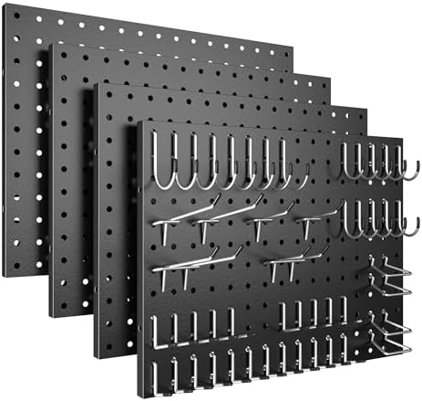 Spampur Peg Board, 4 Pack Metal Pegboard Panels with 50 Hooks, Black Pegboards Wall Organizer, Heavy Duty Peg Board for Walls Home, Garage Tool Storage, Office Organization, Craft Room, Kitchen
