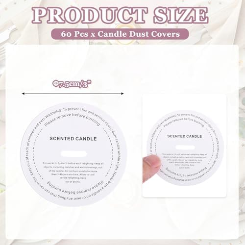 MECCANIXITY 60 Pcs Candle Dust Covers, 7.5cm/3" Round Printed White Candles Drip Protectors Lid Accessories for Craft Fragrance Making Jars Boxes Packaging, White