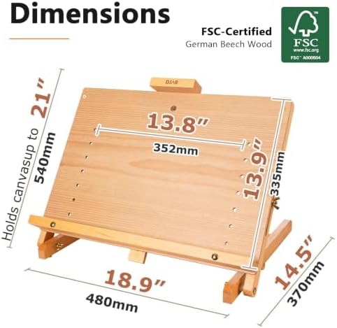 DJAR Tabletop Easel Stand for Painting, Solid Beech Wood, Natural | Adjustable Drawing Sketching Board for Adults, Hold Canvas up to 23", Portable Desktop Art Stand for Students and Beginners