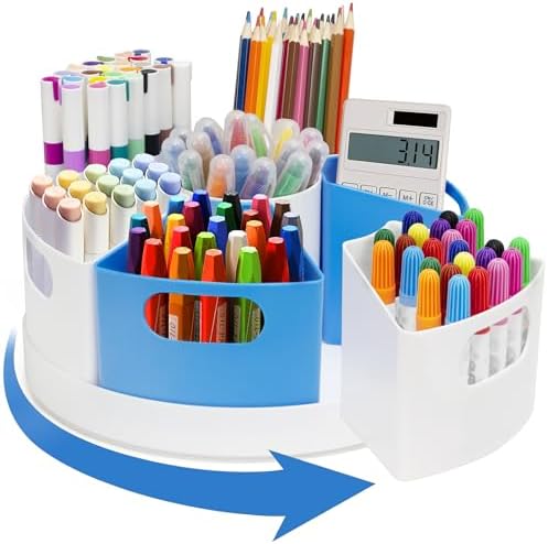 Rotating Art Supply Organizer Storage Caddy for Kids, 7 Bins Craft Crayon Marker Organizers for School Desk, Lazy Susan Pencil Holder for Classroom Organizations (blue and white)