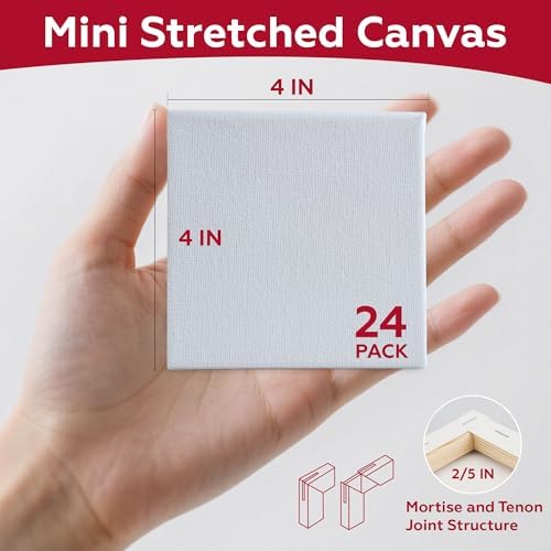 Stretched Canvas for Painting,24Pack 4X4 Inch Mini Stretched White Blank Canvas, 2/5In Profile Small Square Stretched Canvases,Canvas for Painting for Chilren,Birthday,Party,Teaching Class.