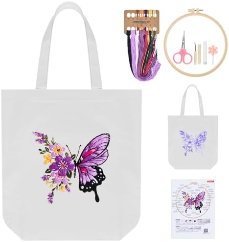ERKOON Embroidery Canvas Tote Bag for Beginners, Needlepoint Arts Crafts Cross Stitch Kits for Adults Including Stamped Embroidery Bag with Hoops, Needle, Instruction and Color Threads (Butterfly)