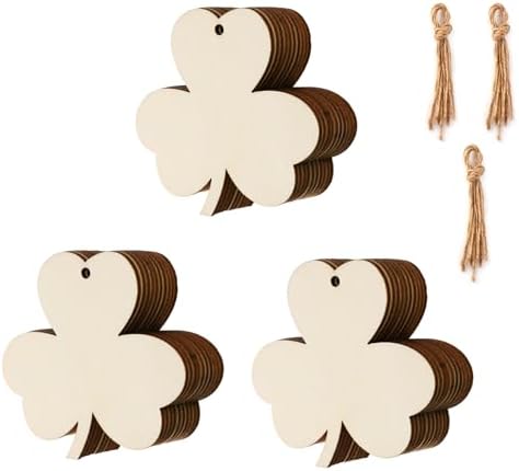 30Pcs St. Patrick's Day Leaves Unfinished Paintable Blank Wooden Festival Decoration Lucky Clover Ornaments to Paint, Hanging Wood Slices for Kids DIY Art Crafts Home Farmhouse Spring Decor