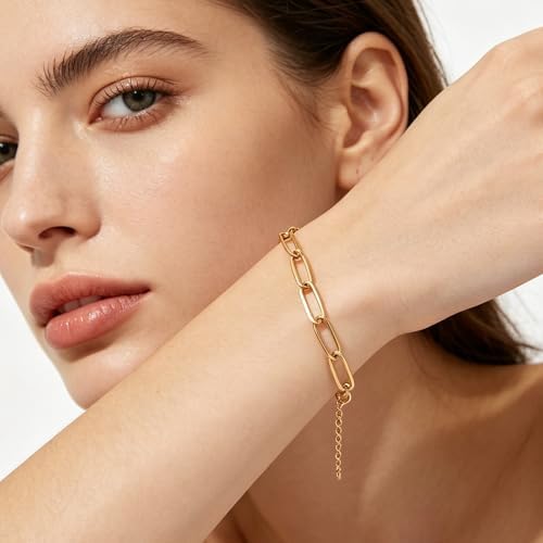 Exway 10 Pcs Paperclip Charm Bracelets Chain 6.5 Inch Stainless Steel Gold Chain Bracelets Kit with Lobster Clasps for Crafts DIY Women Jewelry Making